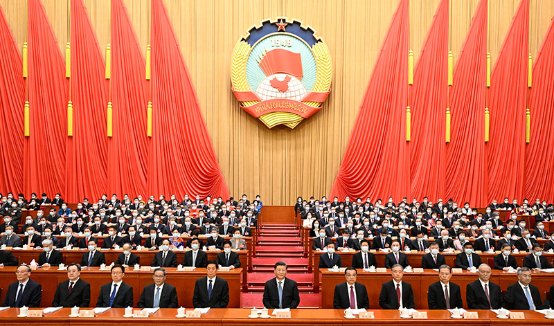 3月4日，中国人民政治协商会议第十四届全国委员会第一次会议在北京人民大会堂开幕。这是习近平、李克强、栗战书、汪洋、李强、赵乐际、韩正、蔡奇、丁薛祥、李希、王岐山在主席台就座。新华社记者 李学仁 摄